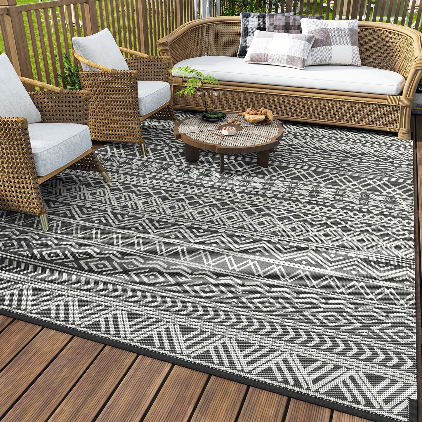 MontVoo-Outdoor Rug Carpet Waterproof 8x10 ft Reversible Patio Rug RV Camping Rug-Plastic Straw Rug Outside Indoor Outdoor Area Rug for Patio Deck Balcony Picnic Beach Outdoor Decor Boho Grey