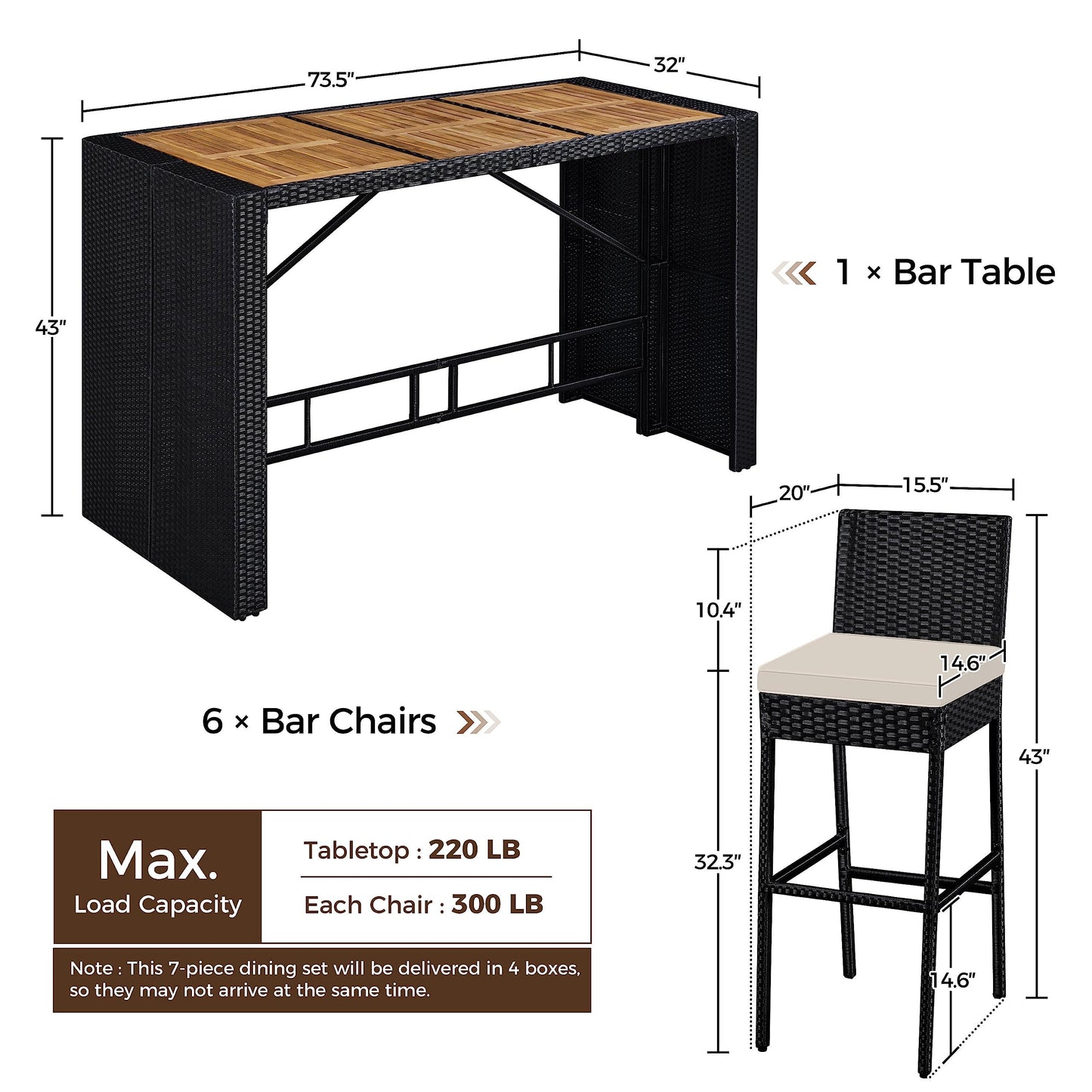 Yaheetech 7 Piece Patio Dining Set Outdoor Acacia Wood Bar Table and Chairs with Removable Cushions, Patio Wicker Furniture Set for Deck, Backyard, Garden, Black/Beige