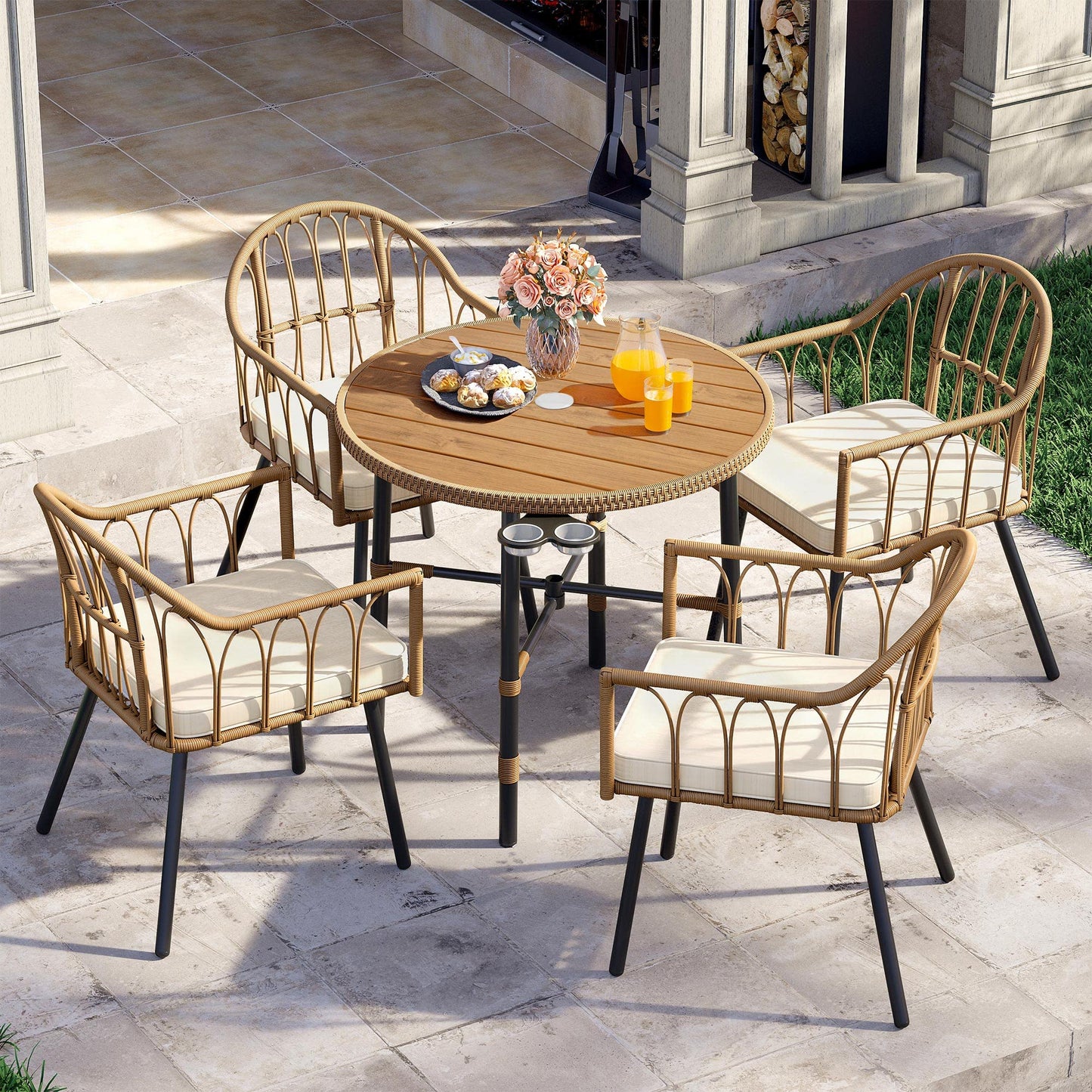 YITAHOME 5 Pieces Outdoor Patio Dining Table Chair Set,Wicker Patio Dining Set,Outdoor Rattan Dining Table Set for Patio, Backyard, Balcony, Garden (with Umbrella Hole)