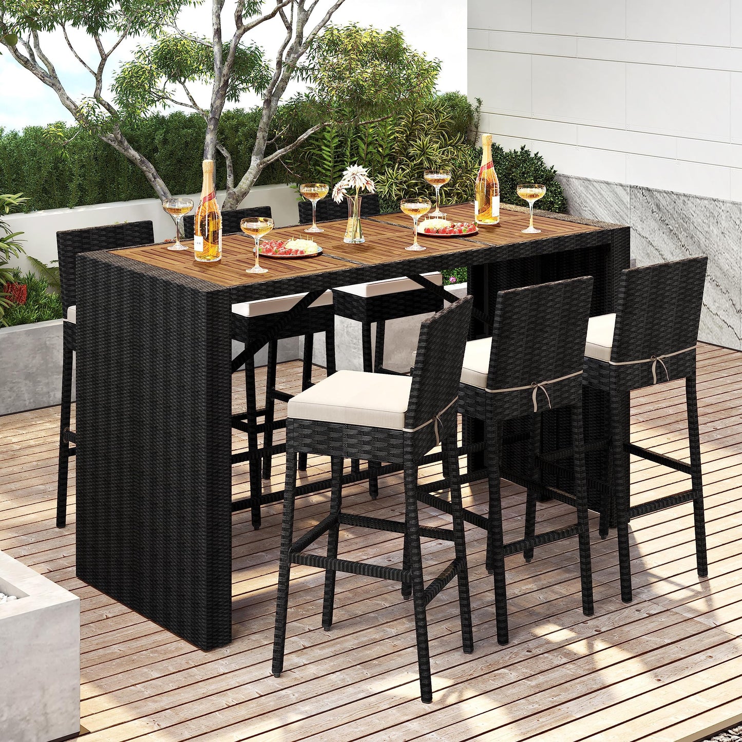 Yaheetech 7 Piece Patio Dining Set Outdoor Acacia Wood Bar Table and Chairs with Removable Cushions, Patio Wicker Furniture Set for Deck, Backyard, Garden, Black/Beige